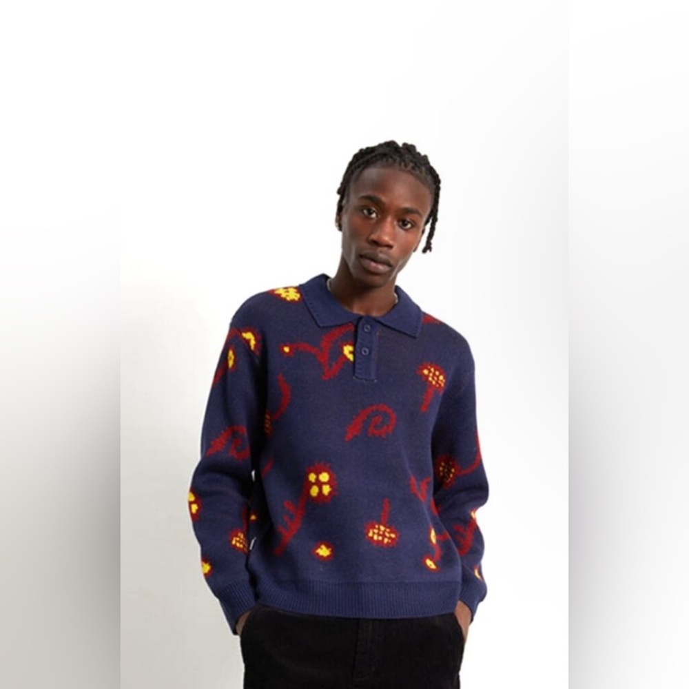 Obey Retro Pattern Thick Pullover Sweater With Collar and Buttons